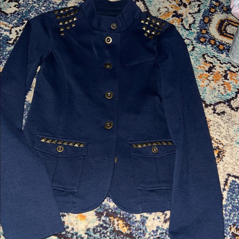Stylish Dark Blue Military Style  Grommet Embellished Blazer, 12,EUC